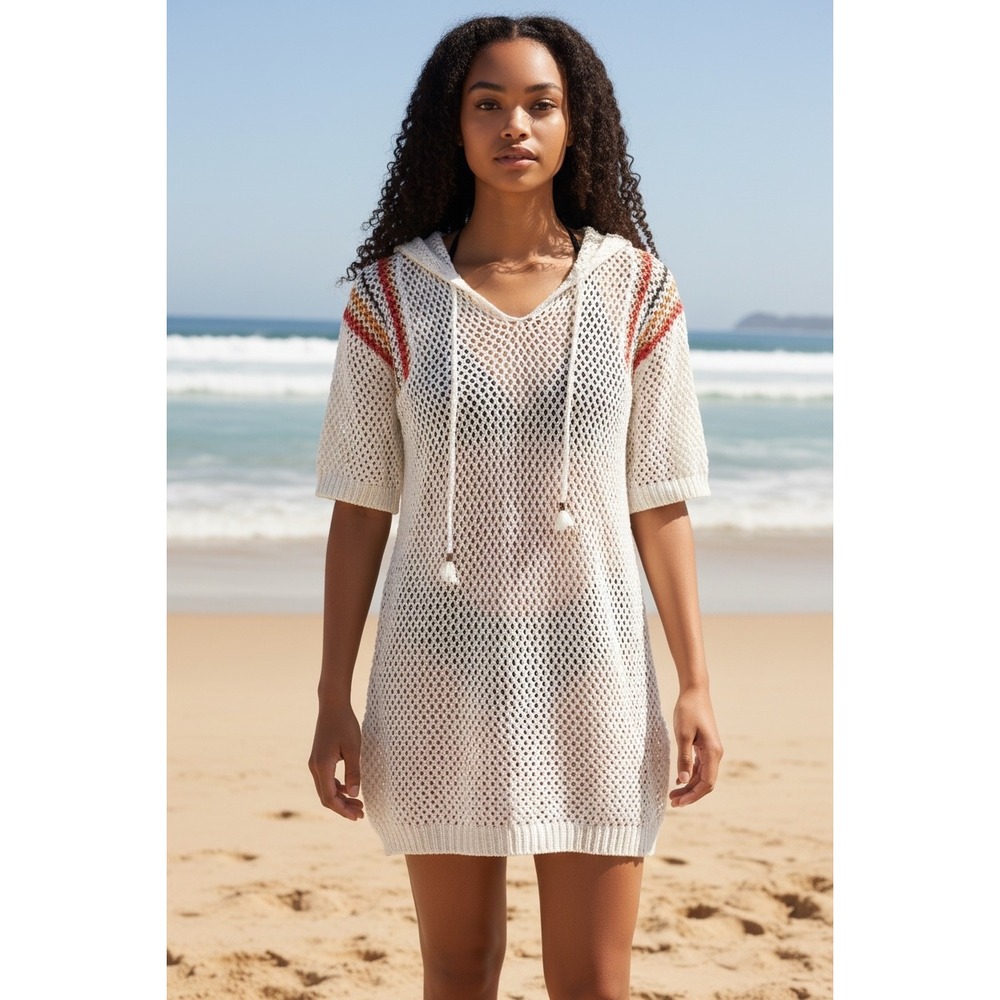 POL Crochet Knit Hooded Swim Cover Up Dress Boho Sweater Striped Small Beach